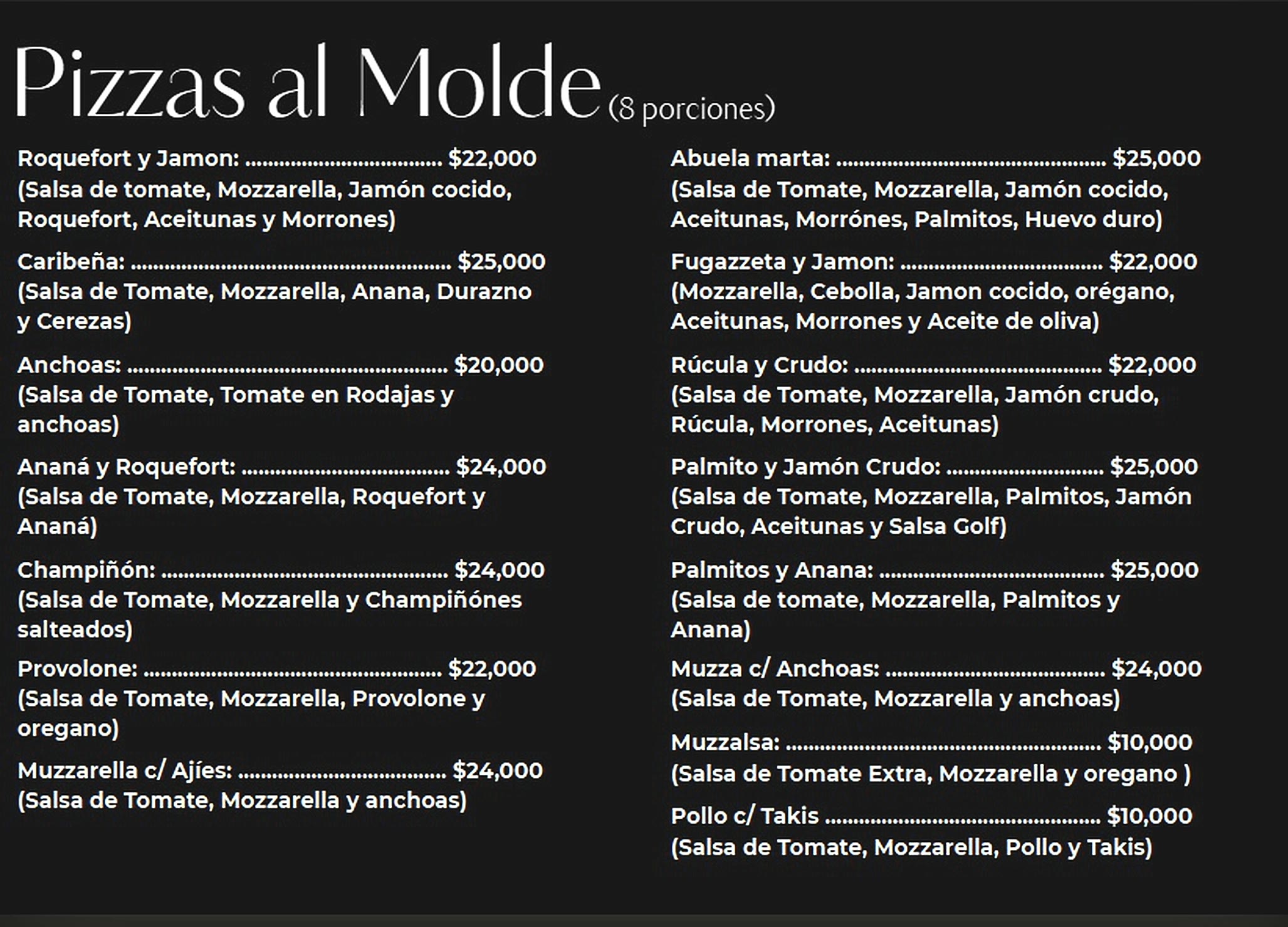 Carta de pizzas al molde: las especiales